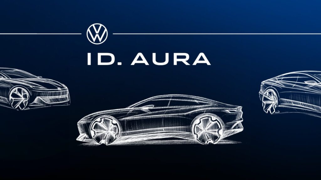 Szkic koncepcyjny Volkswagen ID. Aura ukazujący linię nadwozia smukłego elektrycznego sedan