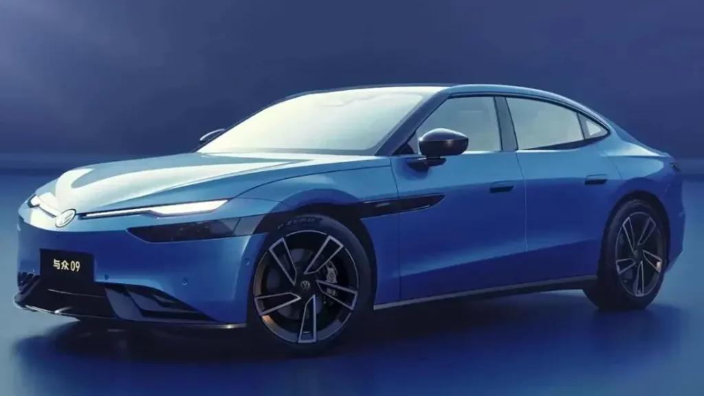 Niebieski Volkswagen ID UNYX 09 widoczny z boku na ciemnym tle